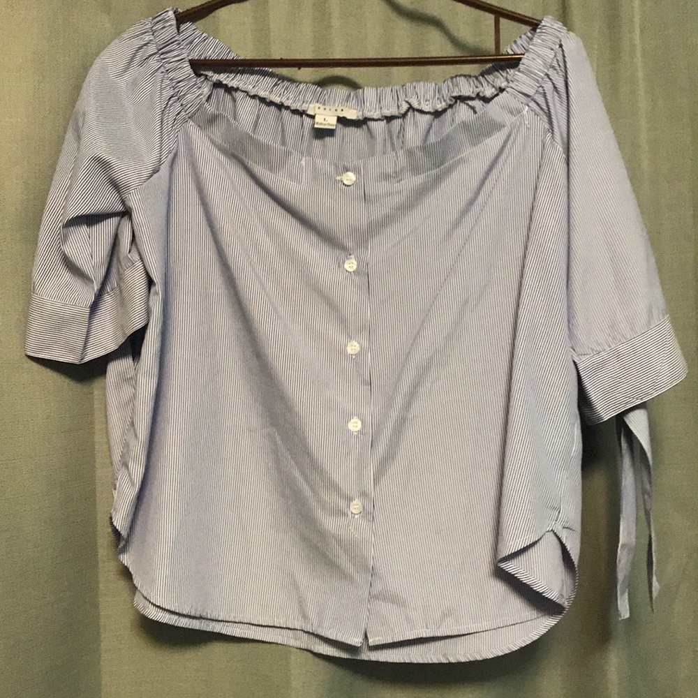 Blue and white striped off the shoulder